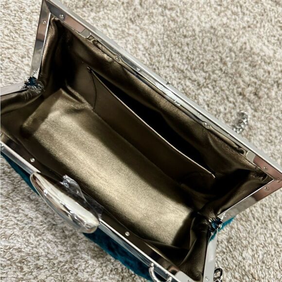 Peacock Blue Handmade Real Shearling Push Lock Clutch/Shoulder Bag/Crossbody - Picture 16 of 16